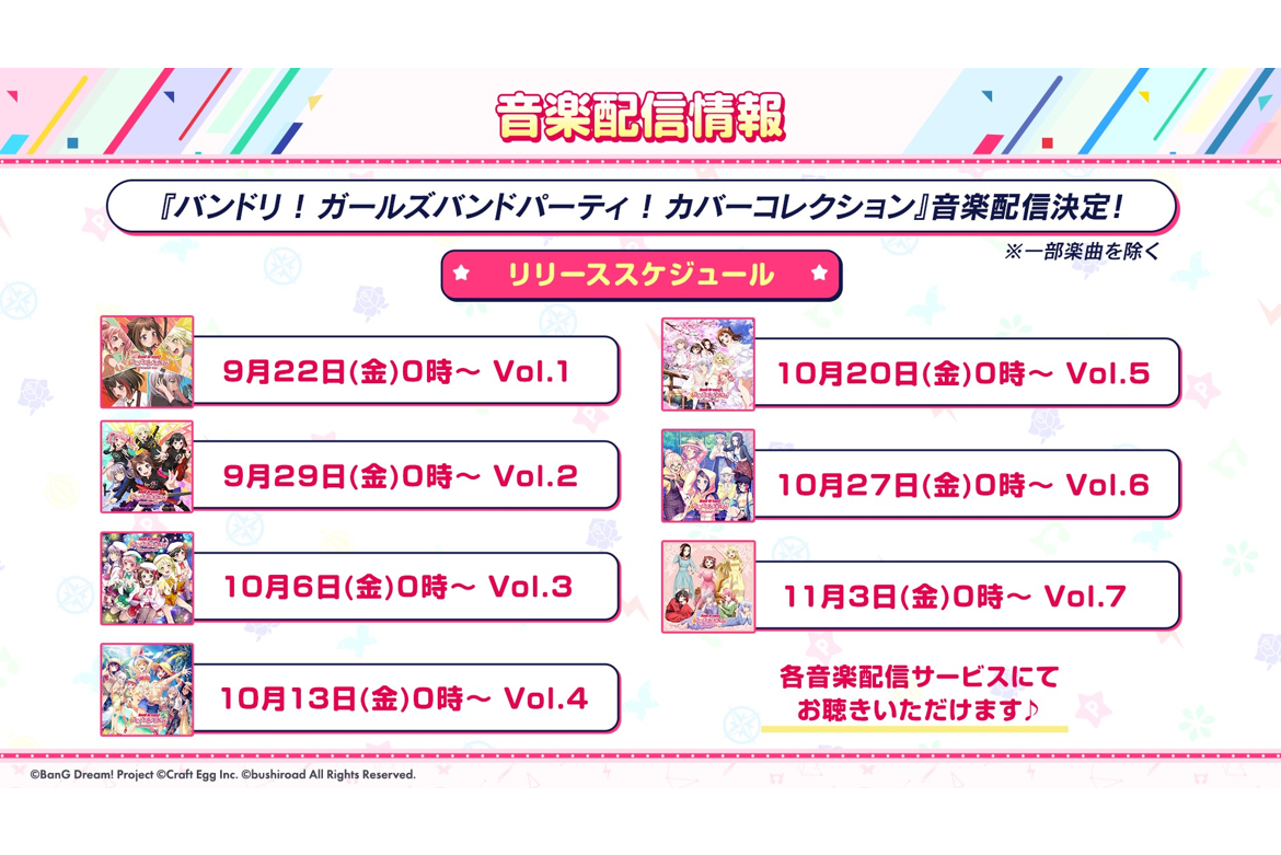 "BanG Dream! Girls Band Party! Cover Collection" Vol. 1-7 Music Distribution Decided!