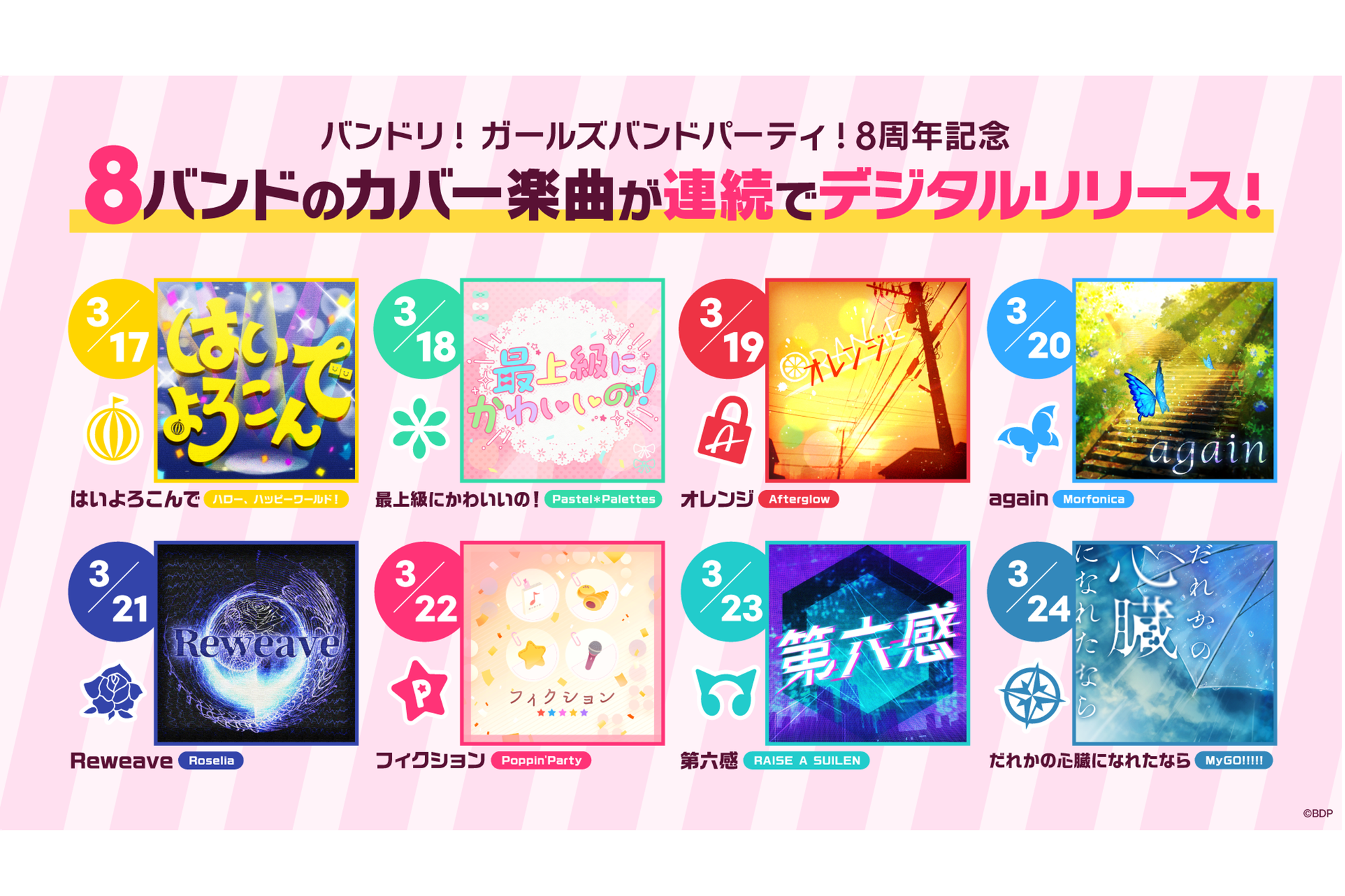バンドリ! ガールズバンドパーティ!8周年記念、バンドリ!8バンドのカバー曲が連続でデジタルリリース決定!