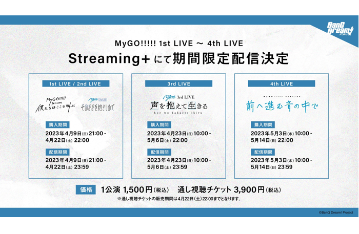 アニメ新シリーズ「BanG Dream! It's MyGO!!!!!」放送を記念して、MyGO!!!!! 1st LIVE「僕たちはここで叫ぶ」から4th LIVE「前へ進む音の中で」まで特別有料配信が決定。